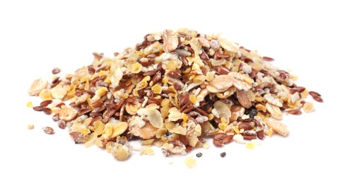 Photo of Pile of granola on white background. Healthy snack