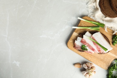 Photo of Flat lay composition with pork fatback sandwich and ingredients on stone background. Space for text