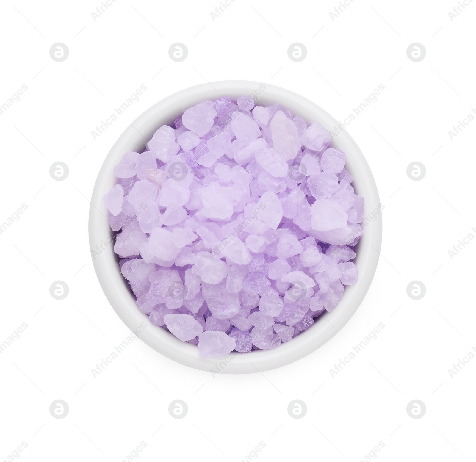 Photo of Bowl with violet sea salt isolated on white, top view