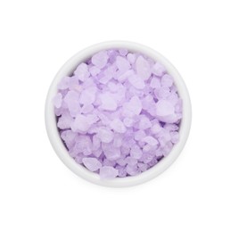 Photo of Bowl with violet sea salt isolated on white, top view