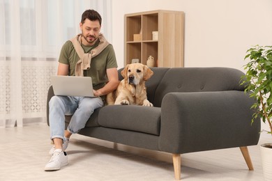 Man using laptop on sofa near his cute Labrador Retriever at home