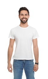 Young man in t-shirt on white background. Mock up for design