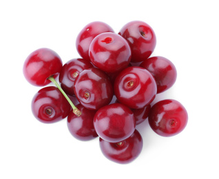 Bunch of juicy cherries on white background, top view