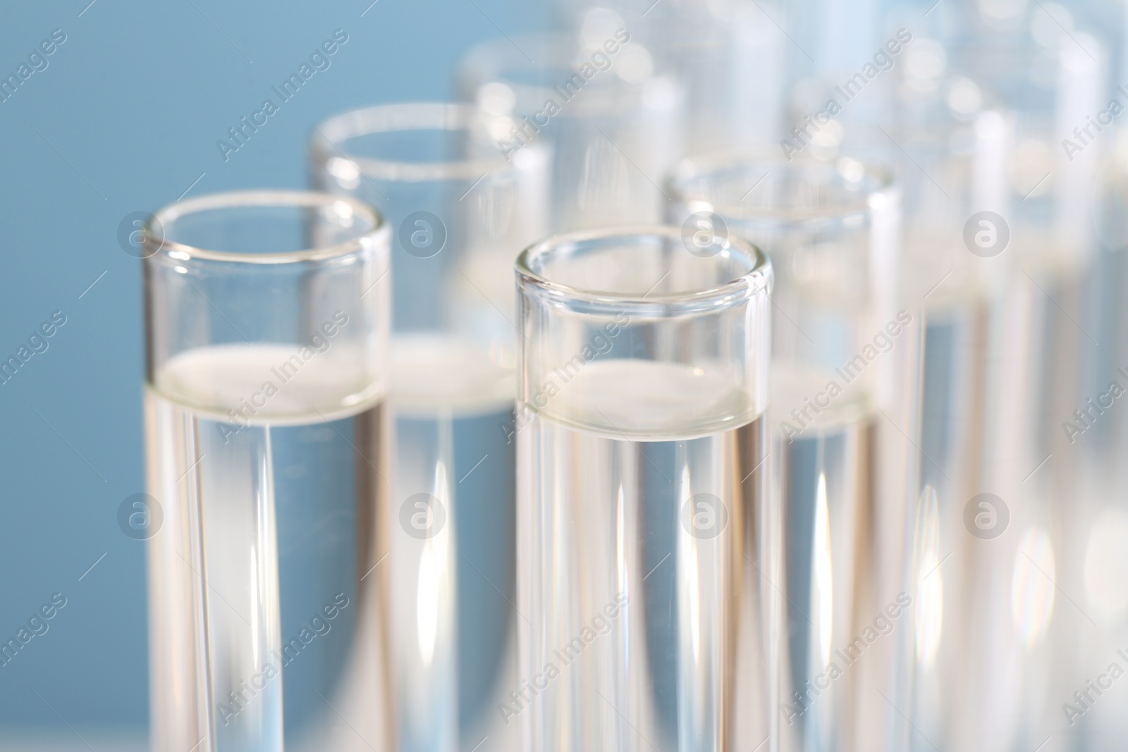 Photo of Laboratory analysis. Many glass test tubes on blurred background, closeup