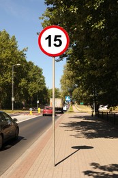 Image of Road sign Maximum speed limit on city street