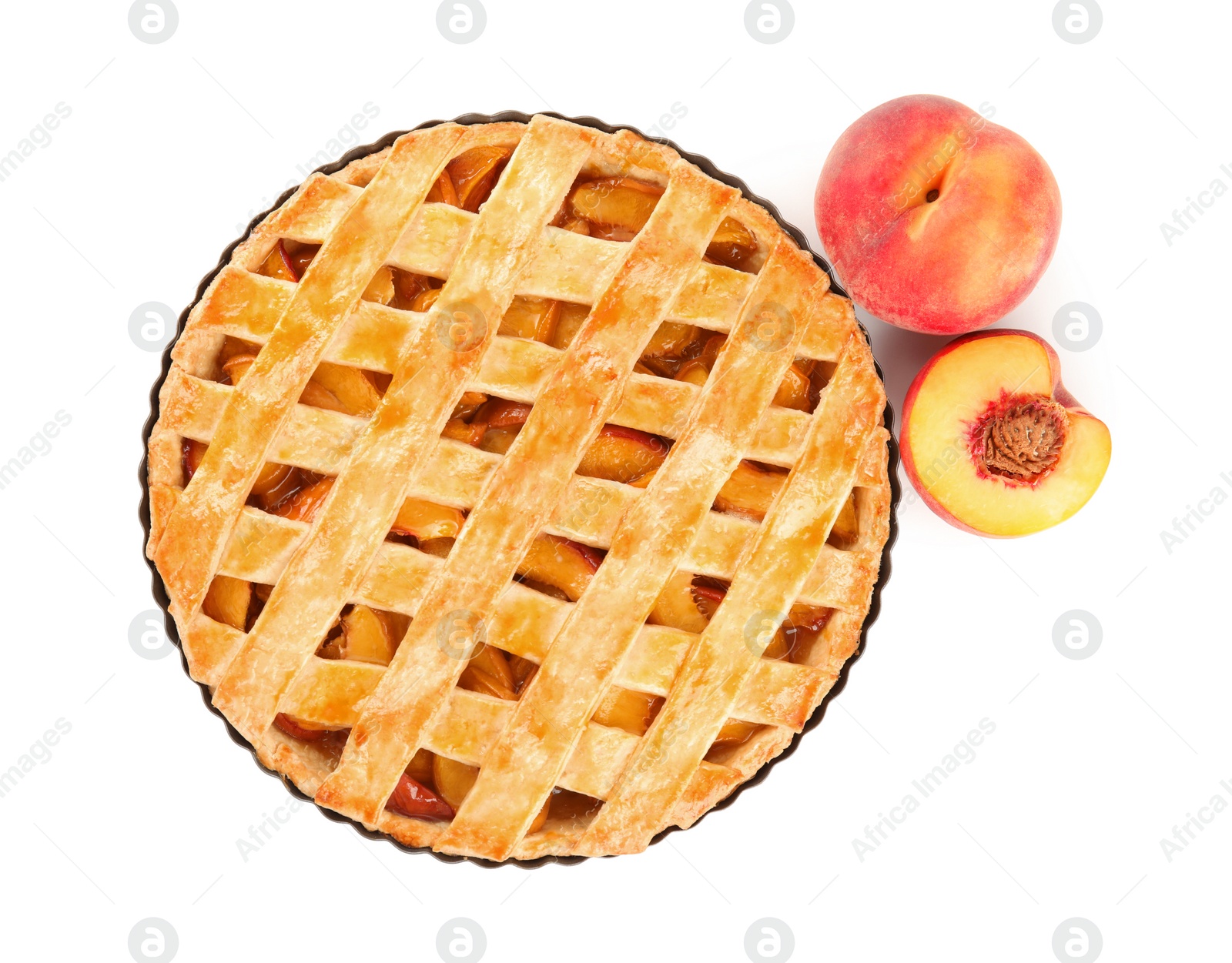 Photo of Delicious peach pie and fresh fruits isolated on white, top view