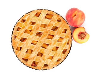 Photo of Delicious peach pie and fresh fruits isolated on white, top view