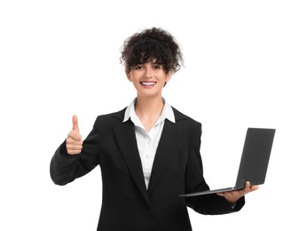 Beautiful happy businesswoman with laptop showing thumbs up on white background