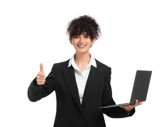 Photo of Beautiful happy businesswoman with laptop showing thumbs up on white background