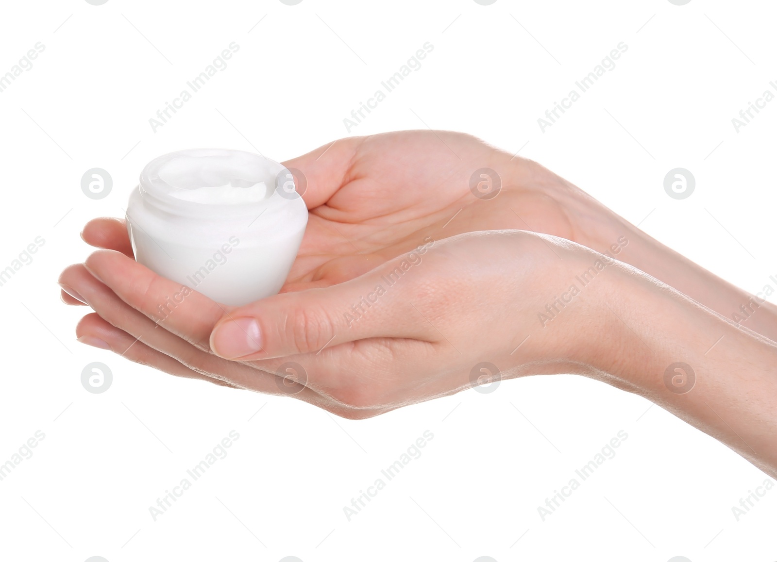 Photo of Young woman holding jar with hand cream on white background