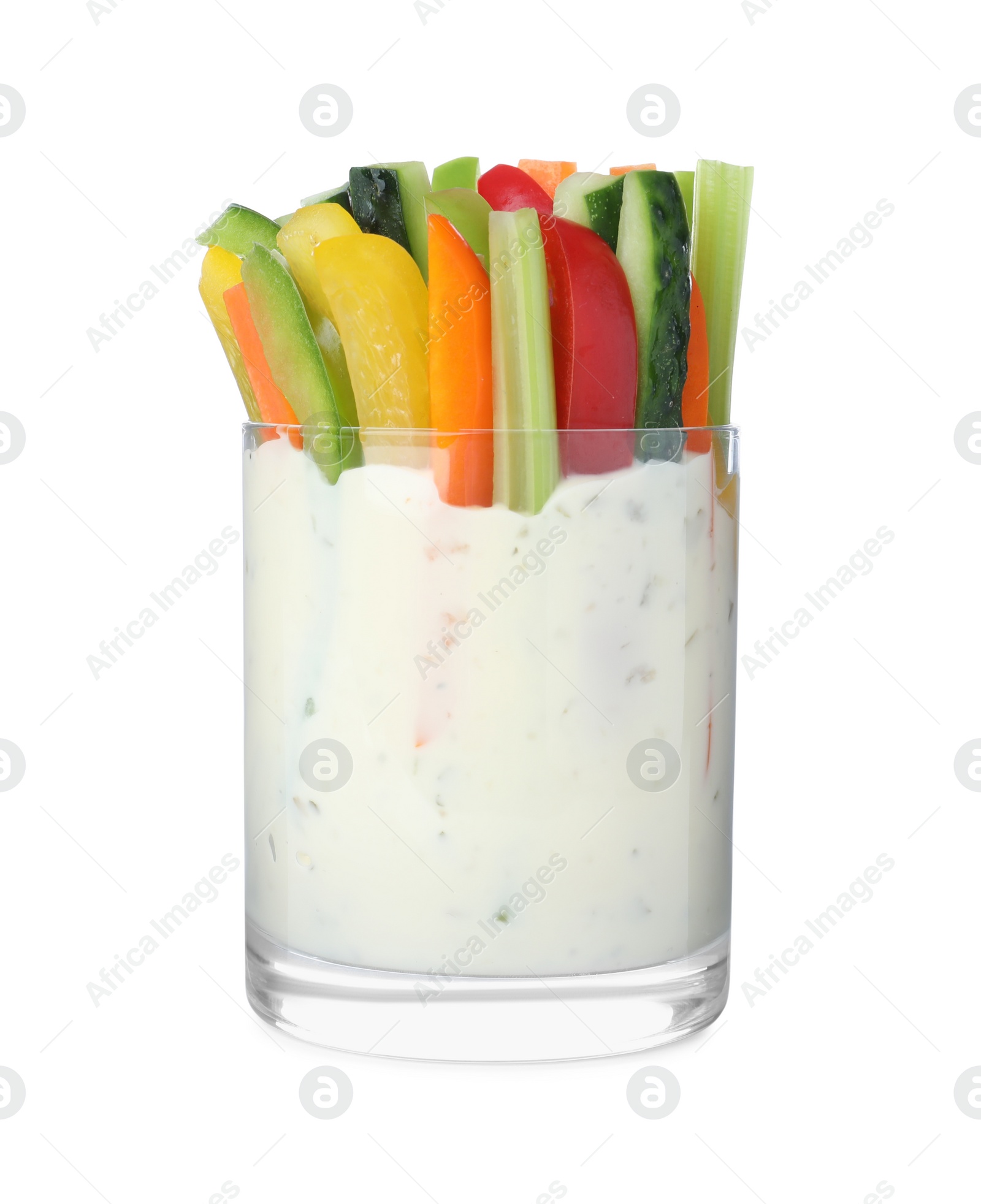 Photo of Different vegetables cut in sticks with dip sauce isolated on white