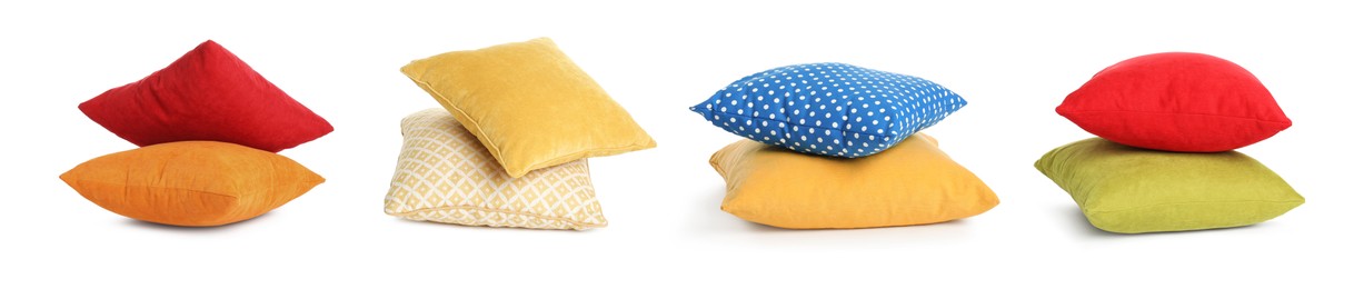 Set with different stylish decorative pillows on white background. Banner design