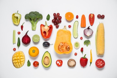 Photo of Composition with fresh organic fruits and vegetables on white background, top view