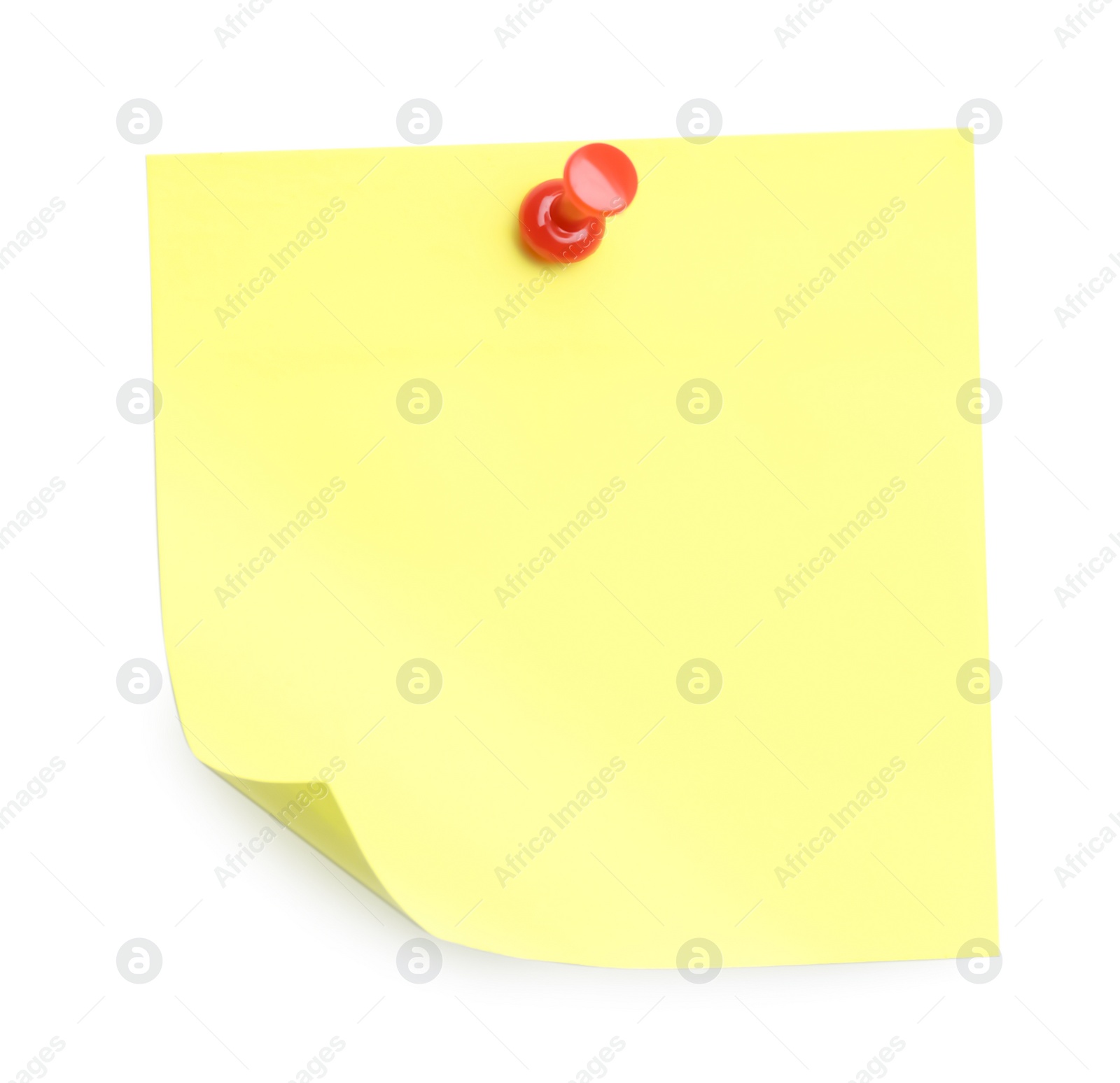 Photo of Blank yellow note pinned on white background, top view