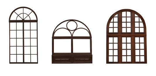 Image of Beautiful wooden arch window frames on white background, collage. Banner design