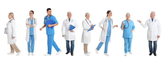 Image of Collage with photos of doctors on white background, banner design 