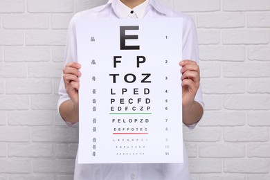 Photo of Ophthalmologist with vision test chart near white brick wall, closeup