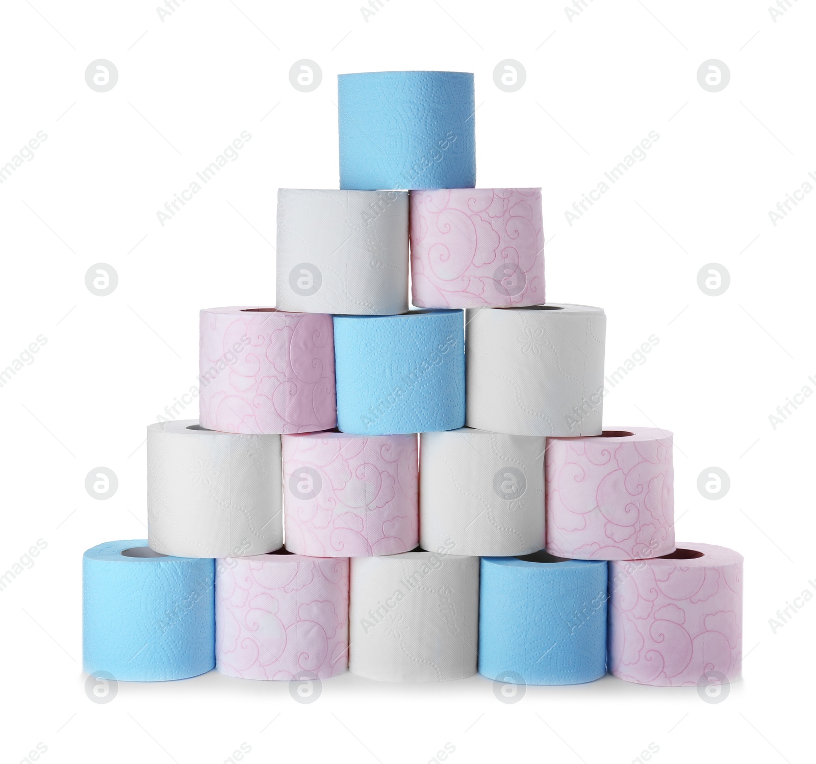 Photo of Rolls of toilet paper on white background. Personal hygiene