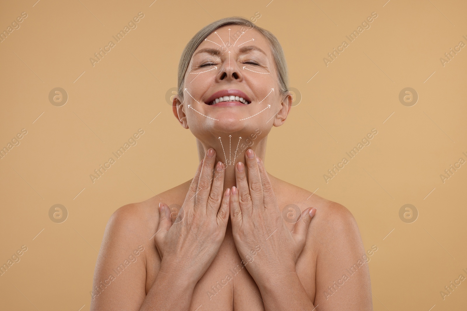 Image of Woman with perfect skin after cosmetic treatment on beige background. Lifting arrows on her neck and face