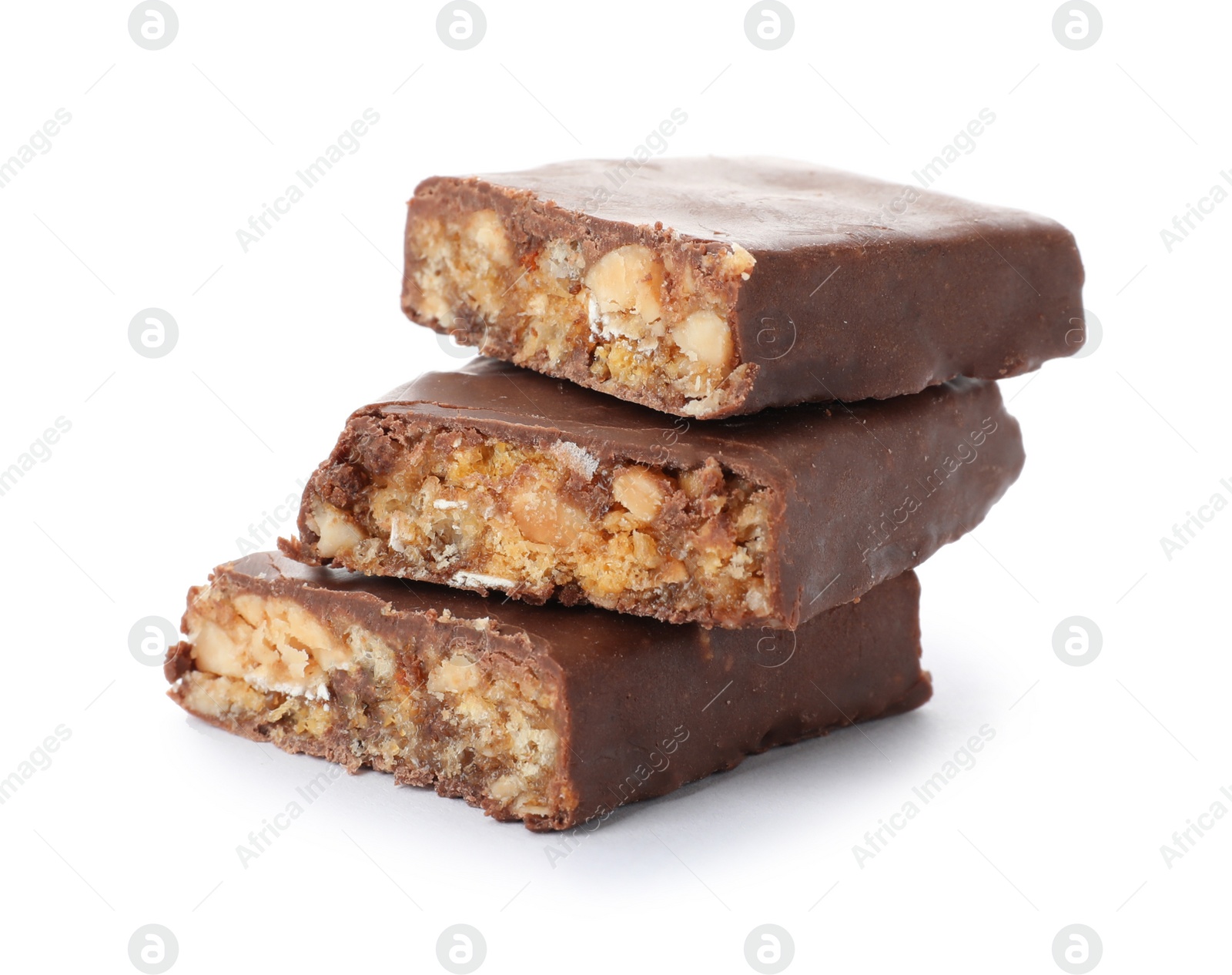 Photo of Pieces of tasty glazed protein bar on white background