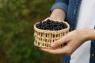 Photo of Woman holding wicker bowl of bilberries outdoors, closeup. Space for text