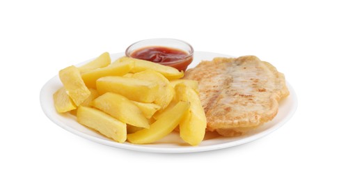 Delicious fish and chips with ketchup isolated on white