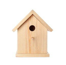 Photo of Beautiful wooden bird box isolated on white