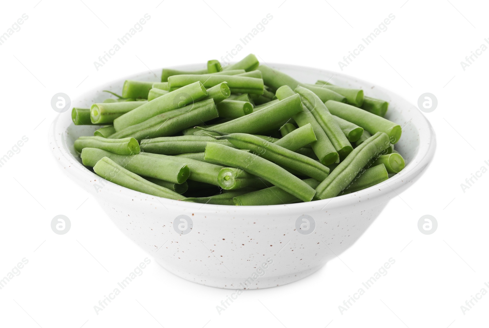 Photo of Fresh green beans in bowl isolated on white