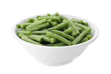 Photo of Fresh green beans in bowl isolated on white