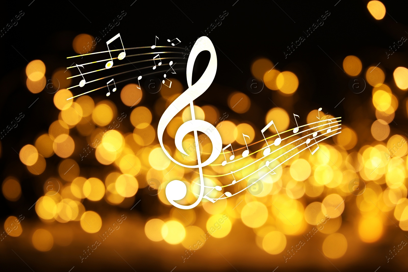 Image of Music notes on dark background, bokeh effect