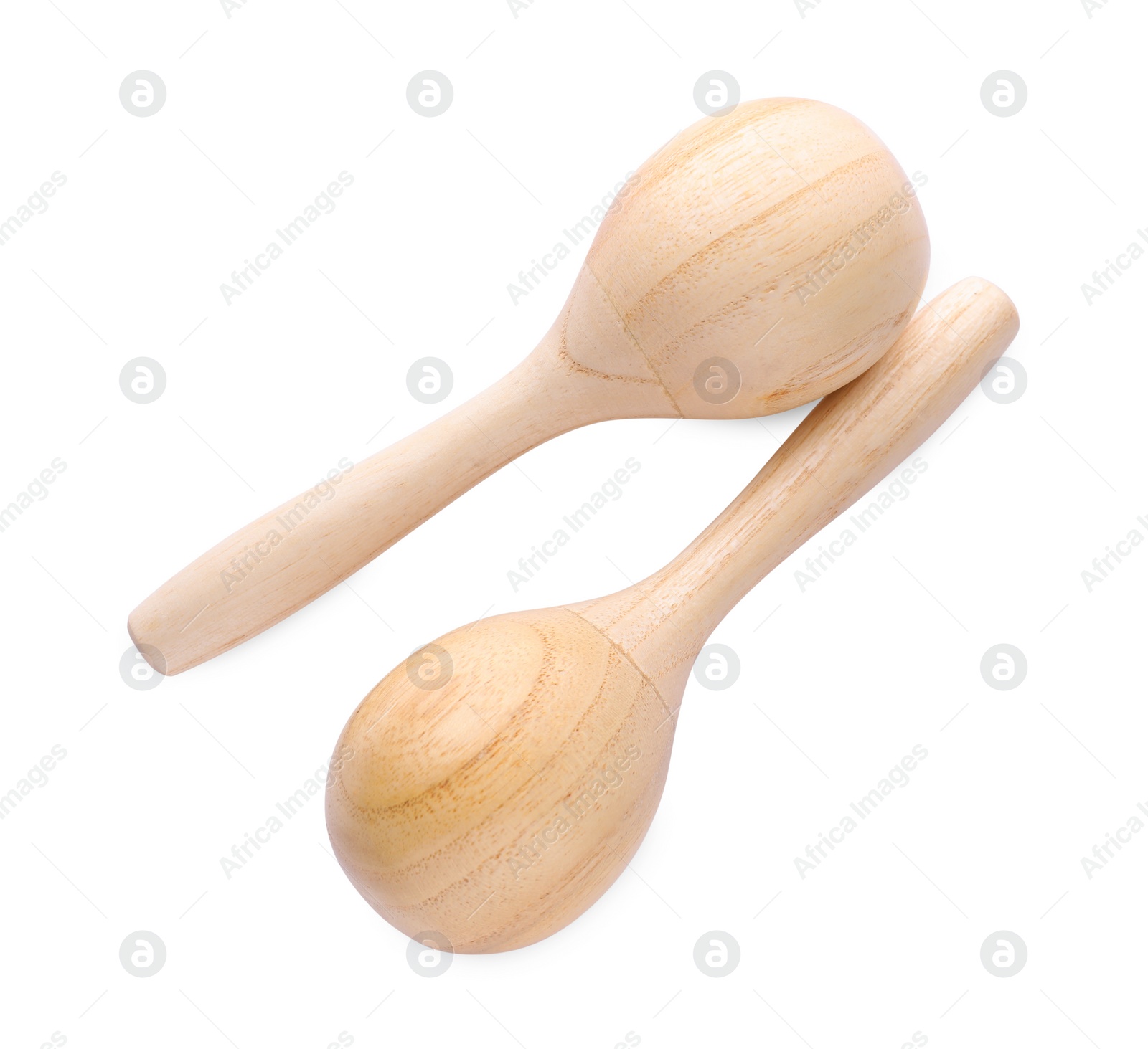 Photo of Wooden maracas isolated on white, top view. Musical instrument