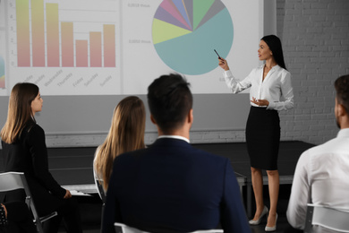 Photo of Female business trainer giving lecture in conference room with projection screen