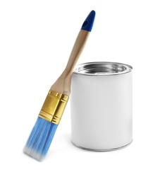 Closed blank can of paint with brush isolated on white