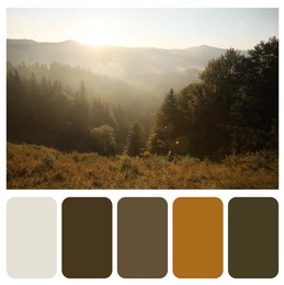 Image of Color palette appropriate to photo of beautiful mountain landscape in morning