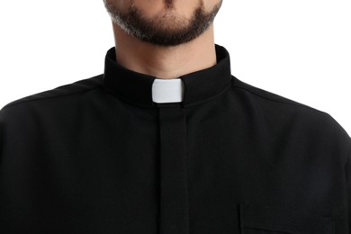 Photo of Priest wearing cassock with clerical collar on white background, closeup