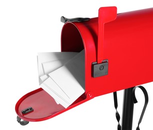 Photo of Red letter box with envelopes on white background