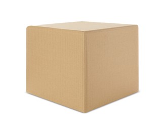 Photo of One closed cardboard box on white background