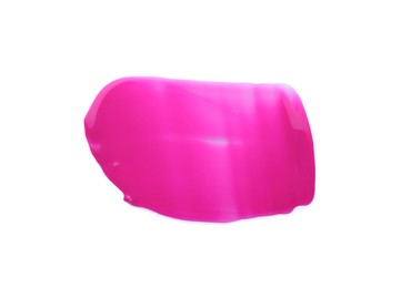 Photo of Pink paint sample on white background, top view