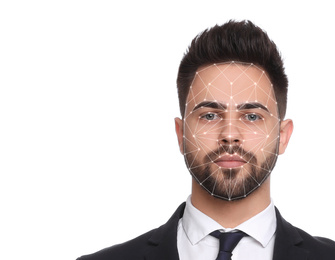 Image of Facial recognition system. Young man with biometric identification scanning grid on white background