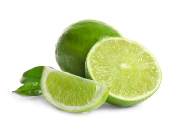 Photo of Fresh ripe green limes on white background