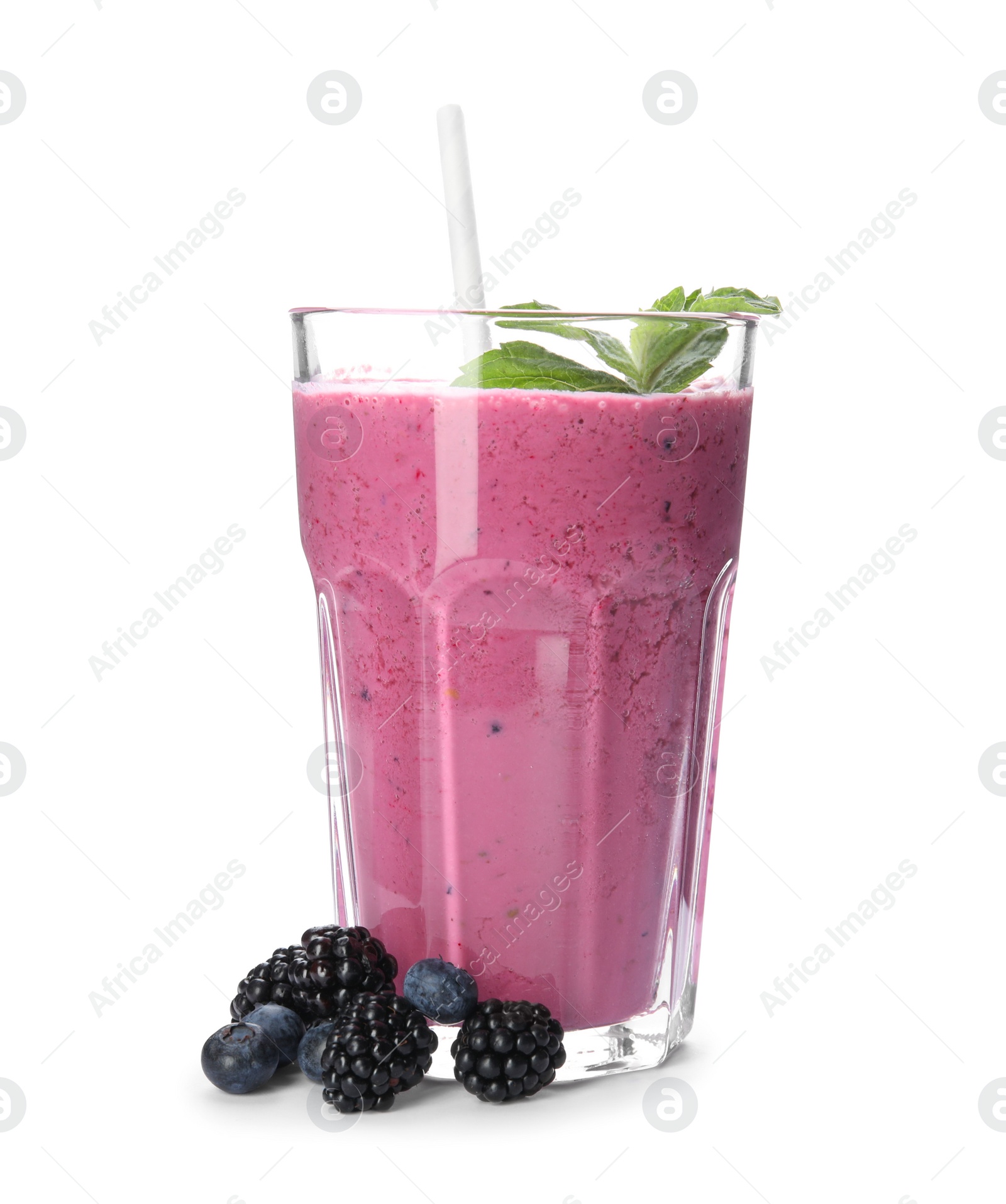 Photo of Tasty fresh milk shake with berries on white background