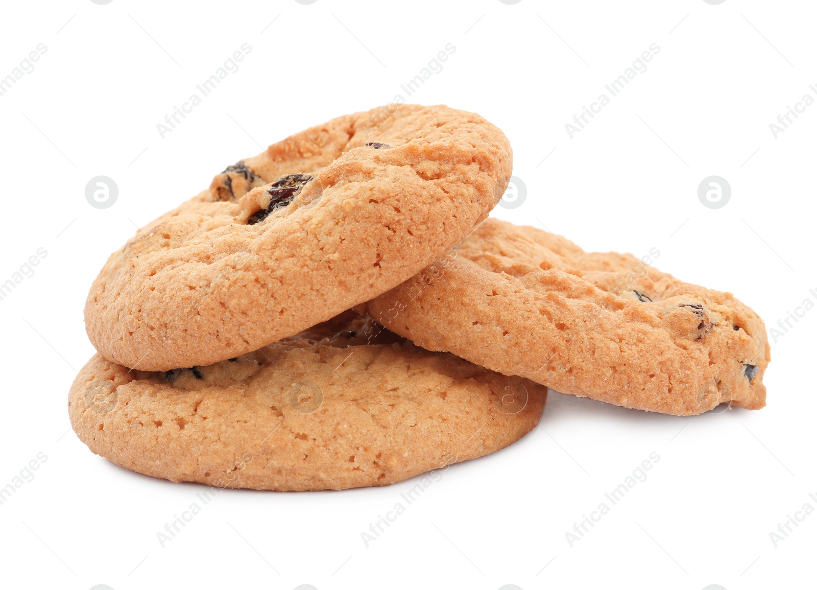 Photo of Delicious cookies with raisins on white background