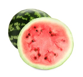 Photo of Whole and cut delicious ripe watermelons on white background