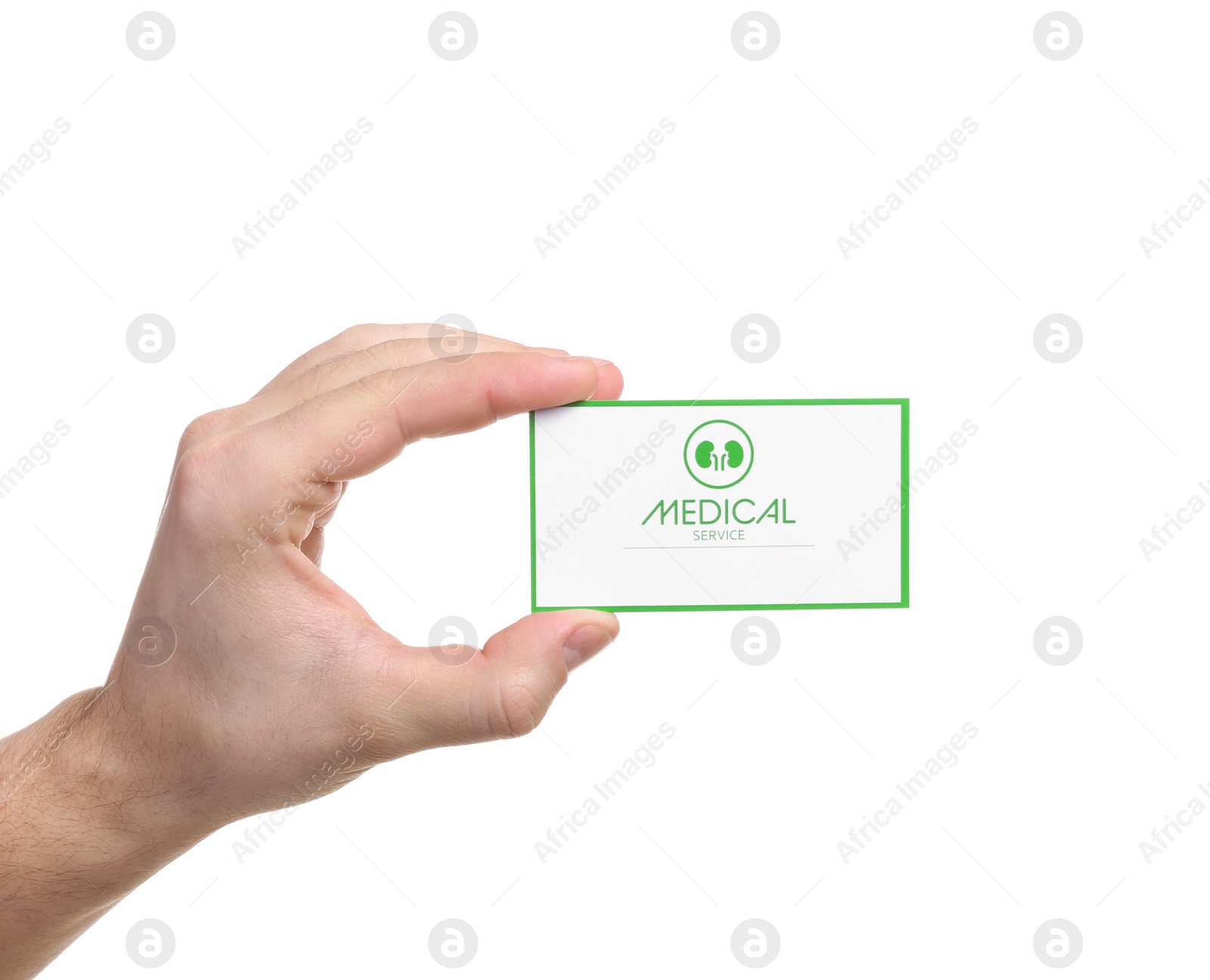 Photo of Man holding medical business card isolated on white, closeup. Nephrology service