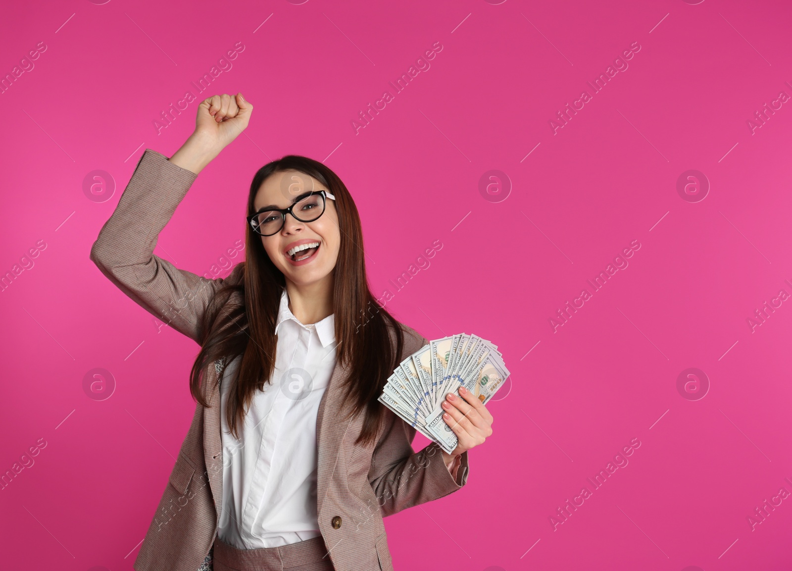 Photo of Businesswoman with money on color background. Space for text