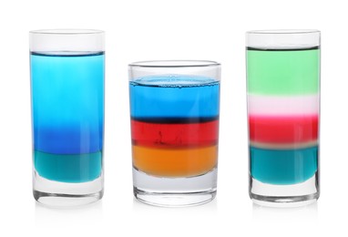 Different shooters in shot glasses isolated on white, set