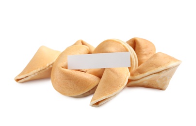 Photo of Traditional fortune cookies with prediction on white background