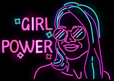 Illustration of Glowing neon sign with outline of woman and words Girl Power on black background