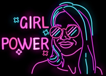 Glowing neon sign with outline of woman and words Girl Power on black background