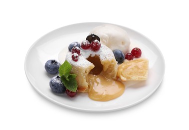 Photo of Tasty vanilla fondant with white chocolate, berries and ice cream isolated on white